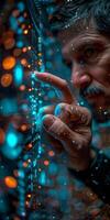 A man with a beard is using his finger to interact with a screen photo
