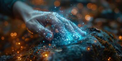 A mystical hand with blue glow in nature emits enchanting aura, adding touch of fantasy and wonder photo