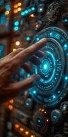 A person presses a button on a futuristic device with their finger photo
