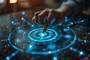 Person interacts with futuristic screen using water, music, and electronics photo