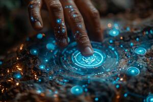 A close up of a persons hand interacting with a hightech screen photo