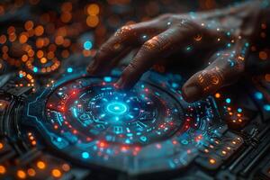 A person is using their hand to push a button on a modern gadget photo