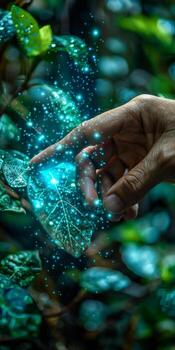 A person is holding a leaf with glowing lights emitting from it photo