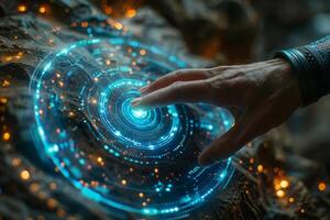 A close up of a persons hand interacting with a modern touch screen photo