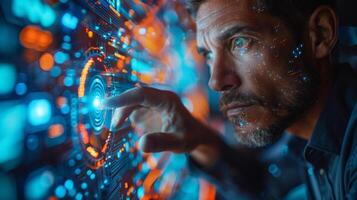 A man presses a button on a futuristic screen, lit with electric blue light photo