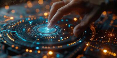 A person is interacting with a hightech display using their finger photo