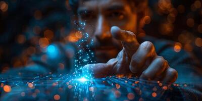 A man is using his finger to interact with a digital screen photo