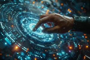 A hand is pressing a button on a futuristic screen photo