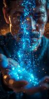 Mystical man holds sparkling particles, creating enchanting visual of magic and wonder photo