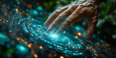 Experiencing futuristic technology with a hand interacting in a cosmic digital interface space photo