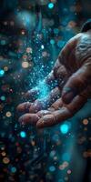 A persons hand sparkles blue underwater up close photo