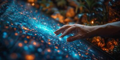 A persons hand is interacting with a hightech display photo