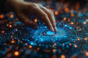Hand touches lighting button on futuristic screen with blue accents photo
