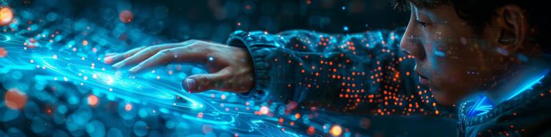 A man is using his finger to interact with a digital display photo