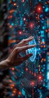 A person touching a futuristic screen with their finger photo