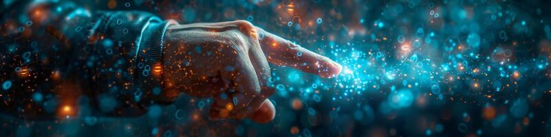 A hand is pointing at a blue background with numbers photo