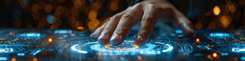 A detailed view of someones hand pushing a button photo