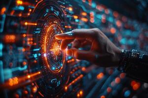A hand presses a button on a modern digital display photo
