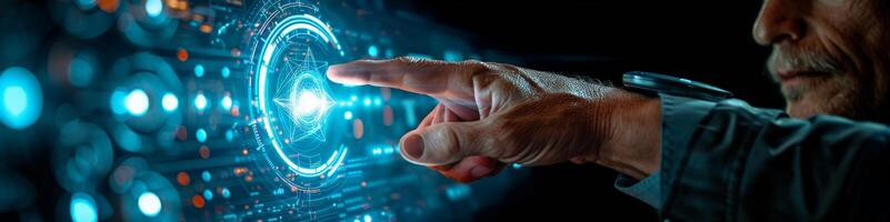 In the image, a male individual is using his finger to push a button on a screen photo