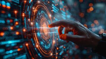 A person interacts with a futuristic screen, touching it with their finger photo