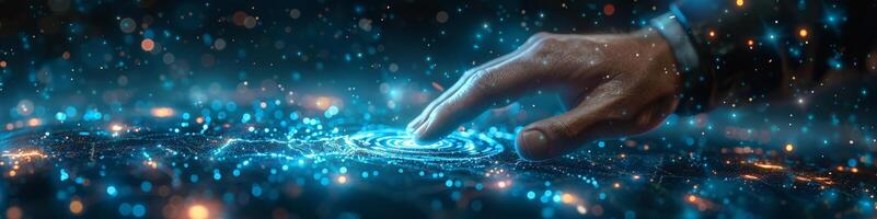 A hand is interacting with a digital screen, pressing a button photo