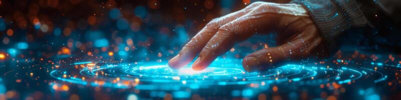 A person is using their hand to press a button on a screen photo