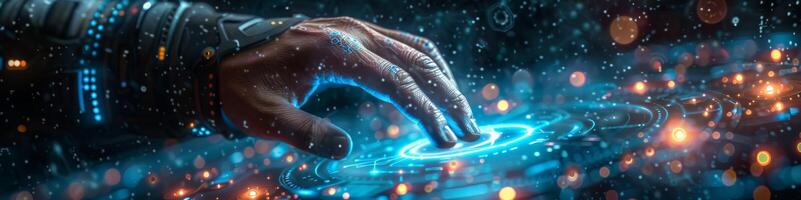 In the image, a hand is operating a button on a hightech display photo