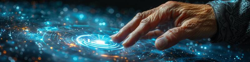 An elderly woman is using her hand to press a button on a screen photo
