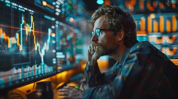 A man is staring at a computer screen displaying a graph photo