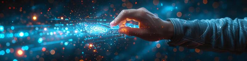 A hand presses a button on a digital screen with various keywords photo