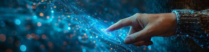 Hand presses button on screen with keywords Water, Liquid, Azure, Fluid.. photo