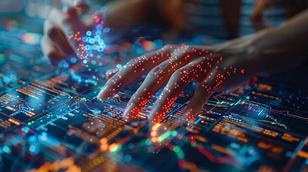 A close up image of hands interacting with a modern touch screen device photo