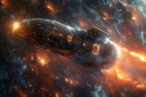 A rocket with b on it flies through space, venturing into unknown realms photo