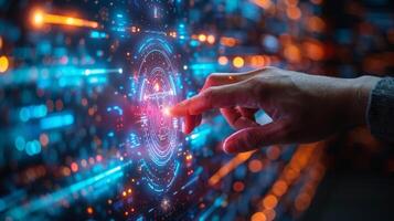 Person touching digital fingerprint on screen for authentication photo