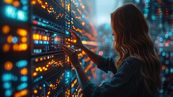A woman working in a data center amid technology and electricity photo