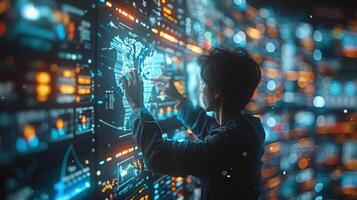 A man uses hands on hightech screen in futuristic setting photo