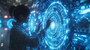A woman is using her finger to interact with a modern touch screen photo