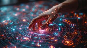 Closeup image of a persons hand interacting with a futuristic screen photo
