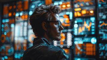 A man with glasses is focused on his work in front of a computer screen photo