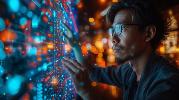 un hombre con lentes es observando un alta tecnología monitor pantalla en el oscuro foto