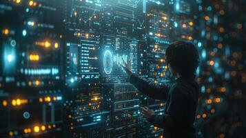 A woman is touching a futuristic screen with a fingerprint photo
