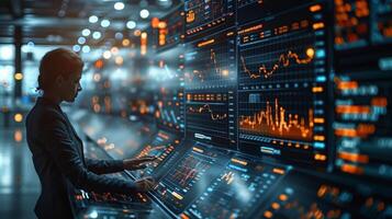 A man is focusing on a huge display showing various graphs photo