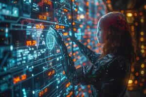 Woman in front of computer surrounded by urban elements and technology photo