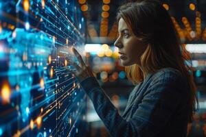 A woman is interacting with a hightech screen using her finger photo
