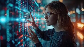 A woman with glasses interacts with a futuristic touchscreen photo