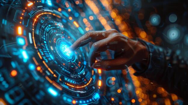 A person is interacting with a hightech display using their finger photo