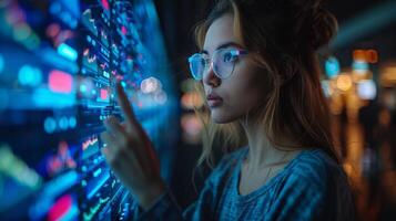 A woman with black hair and glasses looks at a computer screen at an event photo