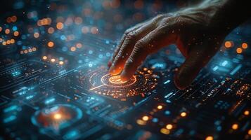 A hand presses a button on a modern screen, set in the future photo