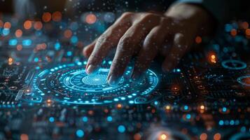 A person is interacting with a futuristic screen using their finger photo