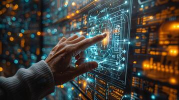 Person gesturing on hightech screen in server room with cityscape backdrop photo